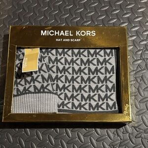 Michael Kors Black and Gray MK Pattern Hat and Scarf Set